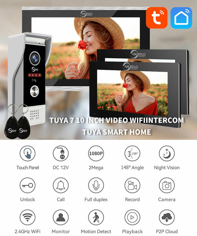 와이파이 비디오 초인종 인터콤, 투야 스마트 홈 무선 도어폰, 빌라 아파트용 RFID 출입 제어 시스템, 1080P 10 인치