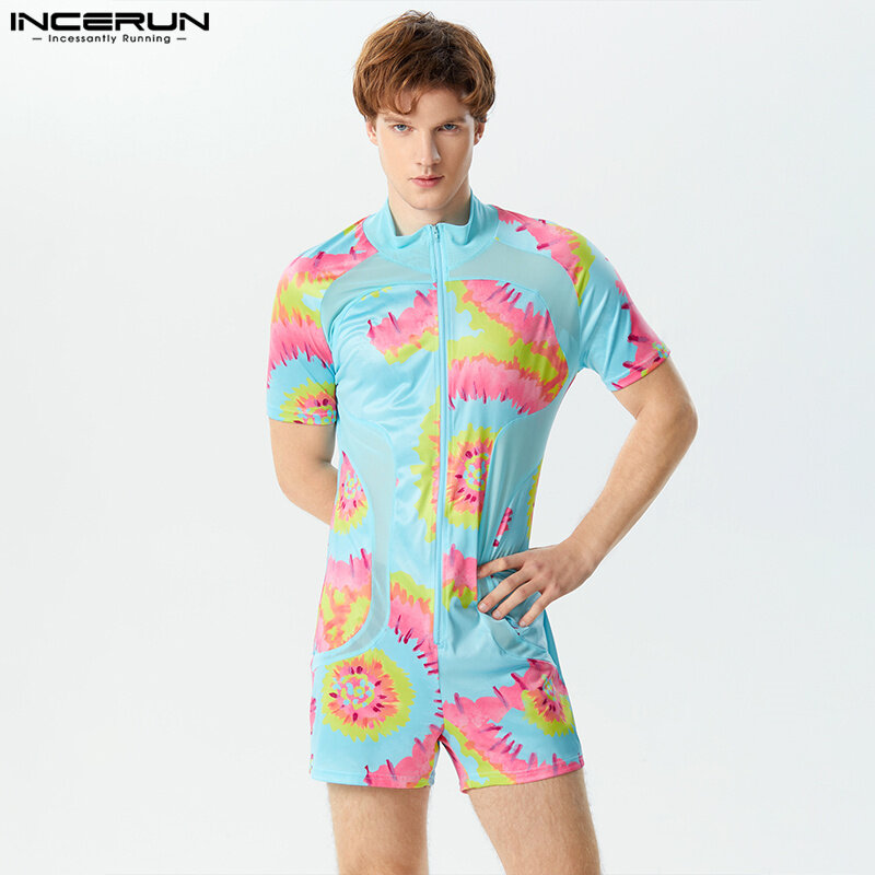 INCERUN 2024 Sexy New Men Rompers Homewear Dopamine Color Jumpsuits Fashionable Male Half High Neck Short Sleeve Bodysuits S-3XL