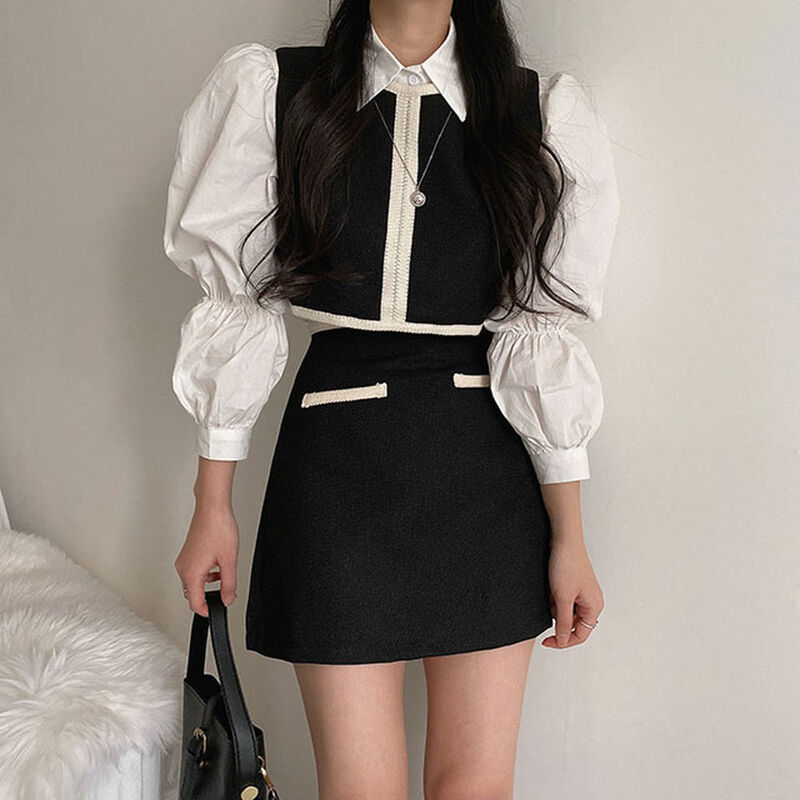 Женский винтажный комплект из двух предметов: жилет, юбка и белая рубашка