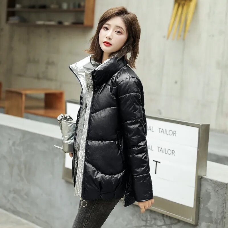 Женская зимняя хлопковая куртка, новинка 2023, женские зимние парки, пальто, корейская свободная пуховая хлопковая куртка, глянцевое короткое теплое плотное хлопковое пальто