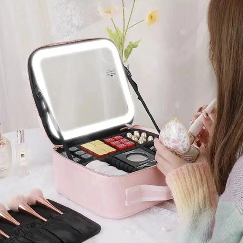 New LED Lighted PU Leather Cosmetic Case with Mirror Waterproof Portable Travel Makeup Storage Bag