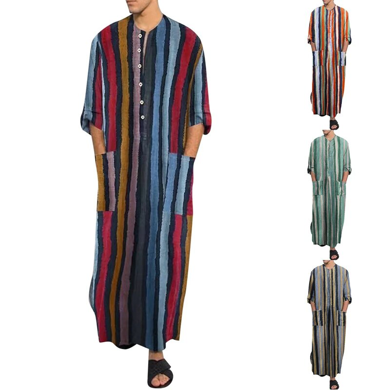 Jubah Muslim pria jubah Arab bergaris lengan panjang katun saku jubah kasual Retro rumah Kimono rok katun jubah mandi Lingerie