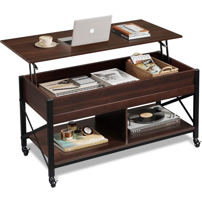 WLIVE meja kopi atas untuk ruang tamu, meja kopi dengan penyimpanan, kompartemen tersembunyi dan bingkai logam, Meja Tengah