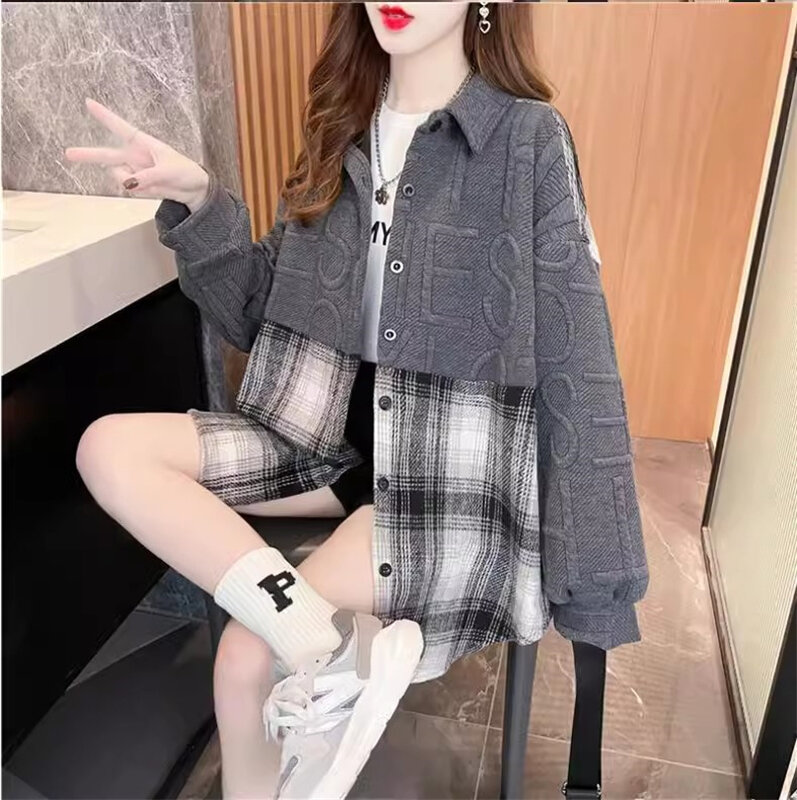 Shirt Cardigan Jacket European Large Version 2024 Spring and Autumn Loose Mid Length Patchwork Covering Buttocks Slightly Plump