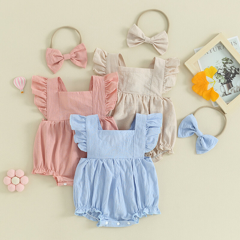 Комбинезон для новорожденных девочек, летняя повседневная одежда для 0-18 месяцев, однотонный комбинезон с рукавами с оборками и повязкой на голову