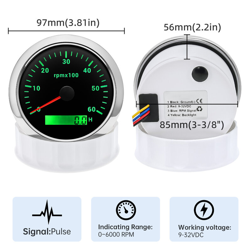 Tachometer pengukur RPM mobil 12V 24V, takometer 3000RPM-8000RPM 7 warna lampu latar 85MM dengan jam pasir Digital untuk mobil perahu laut