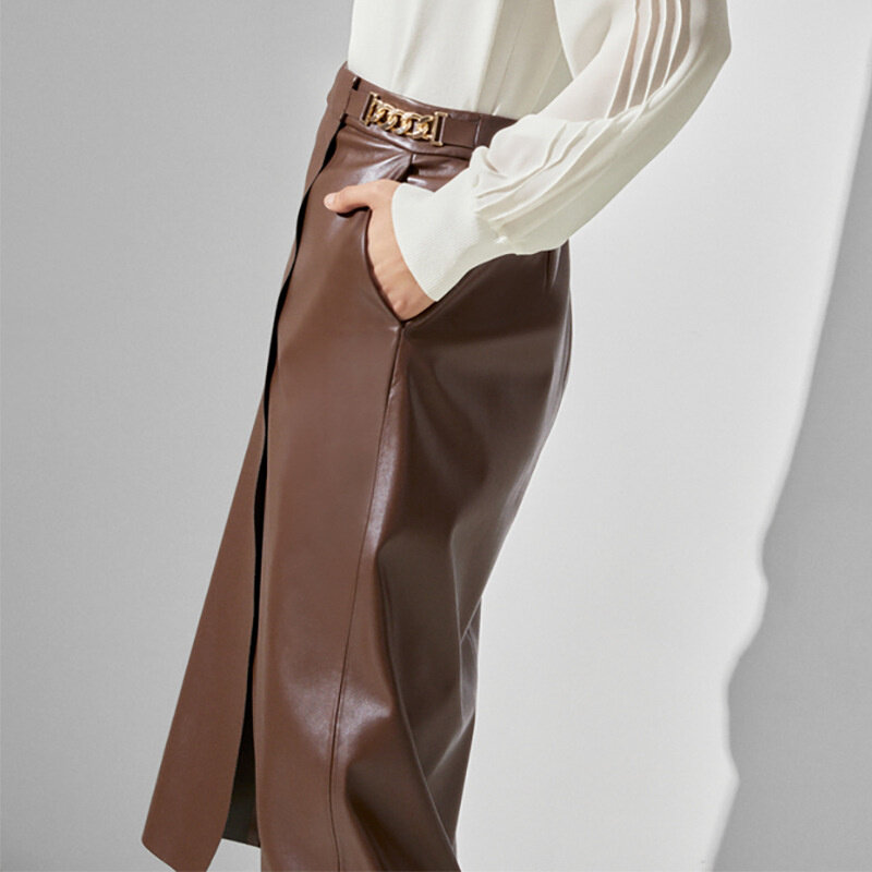 Rok kulit asli model A-line asimetris, rok kulit domba ramping, rok A-line pinggang tinggi, rok komuter gaya baru musim gugur/musim dingin