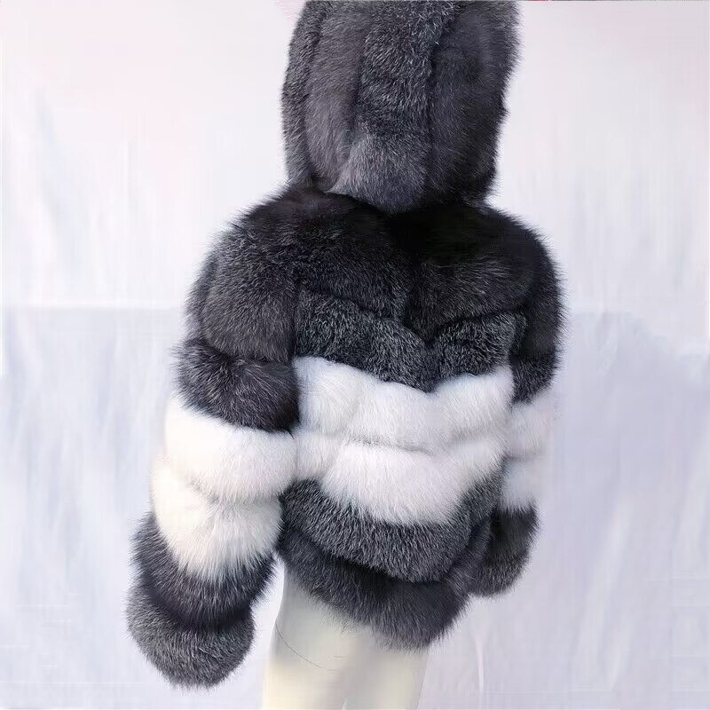 New Hooded True Fox Fur Coat Moda Feminina Silver Fox e Fox Cabelo Misto Casaco Natural Couro Genuíno Grama Com Capuz Inverno