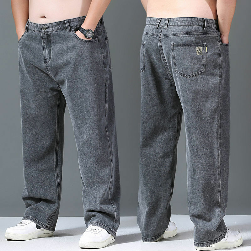 Celana Jeans lurus longgar pria, celana Denim abu-abu kasual kaki lebar klasik, pakaian kerja tahan lama ukuran besar pria 2023