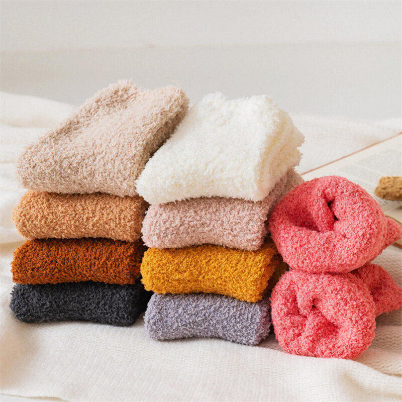 Meias de lã macias monocromáticas para mulheres, chinelo, meias, macias, grossas, luxuosas, quentes, casuais, casa, cama, senhoras, inverno, monocromático