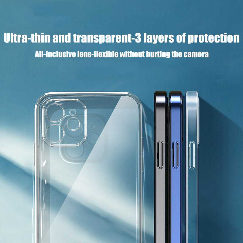 Capa de silicone transparente para iPhone, chapeamento luxuoso, moldura quadrada, tampa traseira transparente, iPhone 11, 12, 13, 14, 15 Pro Max, X, XR, XS Max, 7 Plus