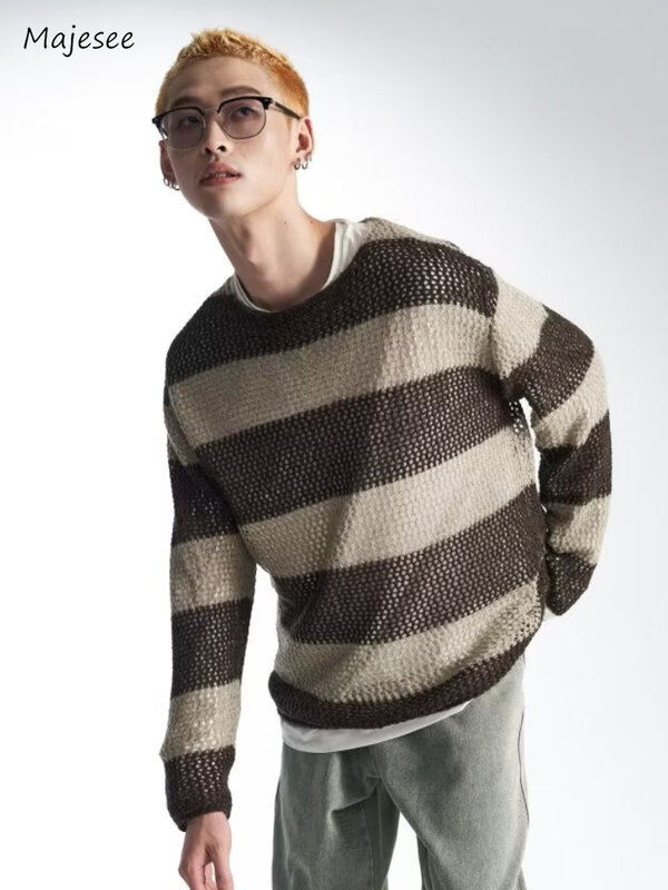 Полосатые свитера для мужчин, осень, американский Ретро стиль, с вырезами, контрастные цвета, шикарная Мужская трикотажная одежда, универсальные модные пуловеры