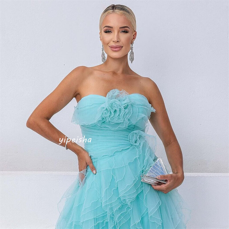 High Quality Sparkle Exquisite Tulle Ruched Cocktail Party A-line Strapless Bespoke Occasion Gown Midi Dresses