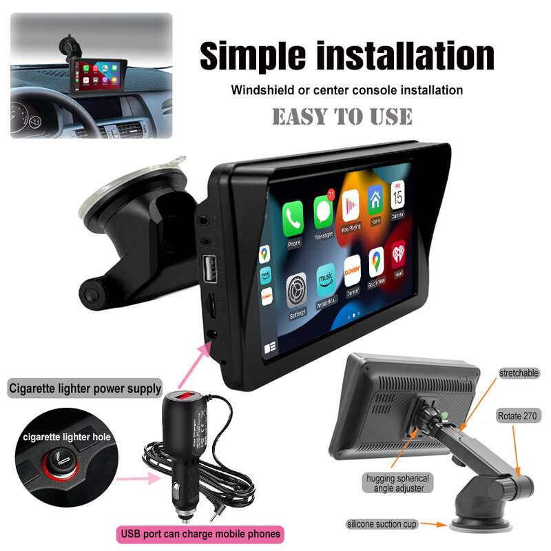 Universal CarPlay pemutar Video Multimedia mobil, Radio mobil otomatis Android layar sentuh portabel 7 inci dengan USB AUX untuk kamera tampilan belakang