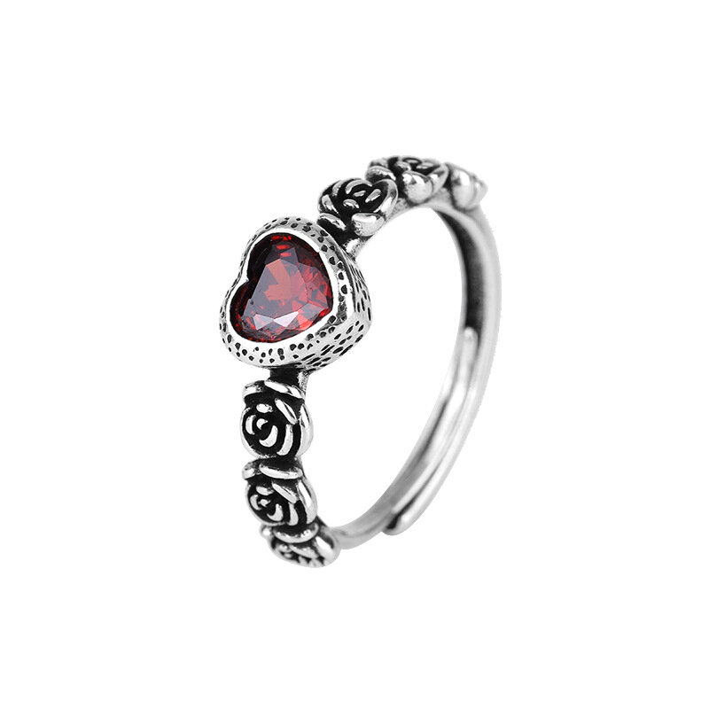 925 Sterling Silver Red Heart Rings para homens e mulheres, simples, na moda, retro, ajustável, presentes de festa, acessórios finos