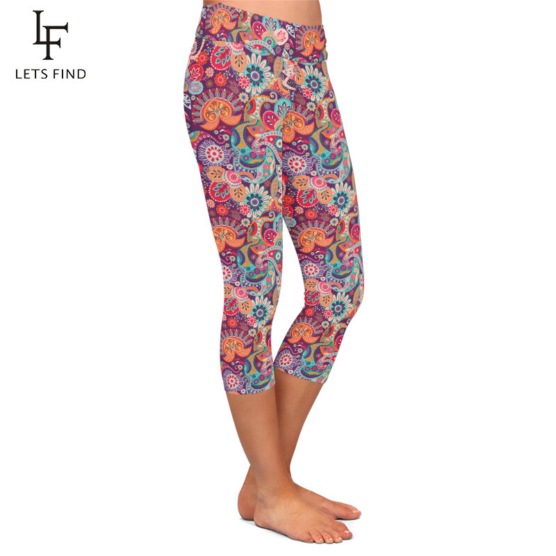 LETSFIND – Leggings Capri extensibles pour femmes, taille haute, imprimé numérique Paisley 3D, Fitness, slim, mi-mollet, 3/4