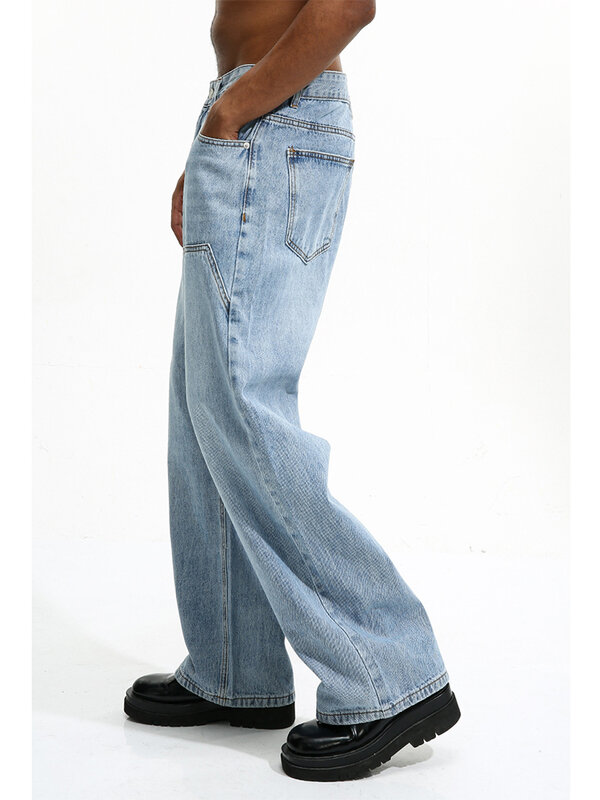 Celana panjang Denim Korea untuk pria, celana panjang Denim gaya jalanan longgar pinggang tinggi desain asli jahitan mode 2024
