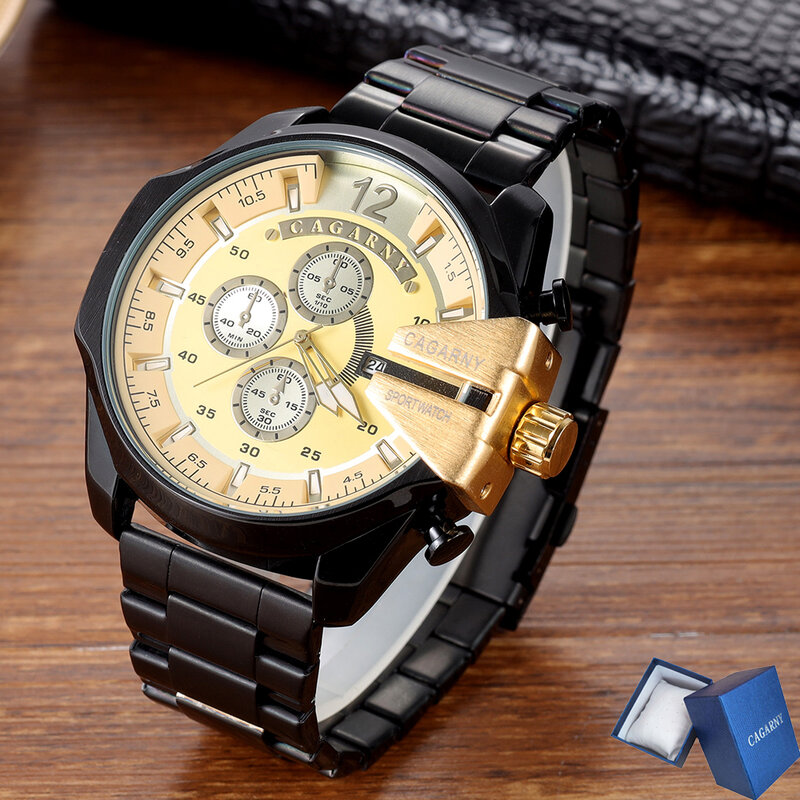 Cool Black Gold Mens Horloges Man Luxe Merk Grote Case Quartz Horloge Voor Mannen Roestvrij Staal Relogio Masculino Mannelijke Klok xfcs
