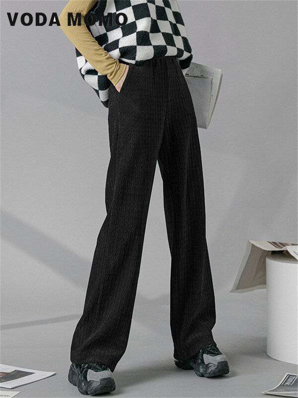 여성 자카드 스트라이프 와이드 레그 팬츠, 두꺼운 캐주얼 드롭 플로어 드래그 팬츠, 다용도 단색, 트렌드, 2023 가을 겨울 신상