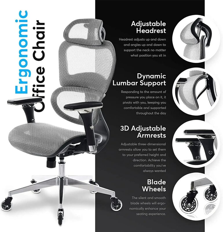 Cadeira de escritório com braço 4D ajustável, mesa rolante, suporte de cintura 3D, lâmina roda, cinza claro, cadeira gamer