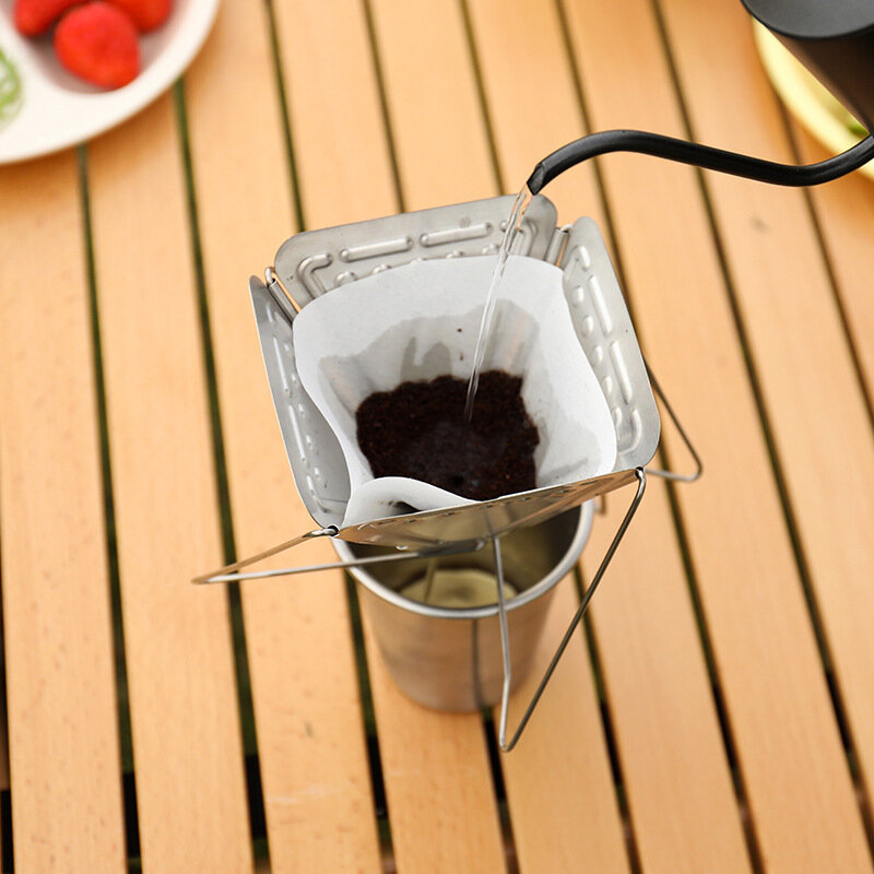 Hike Mount Foldable Coffee Funnel with Bracket Stainless Steel Filter with Stand Four Corner Groove Fixed Foldable Funnel