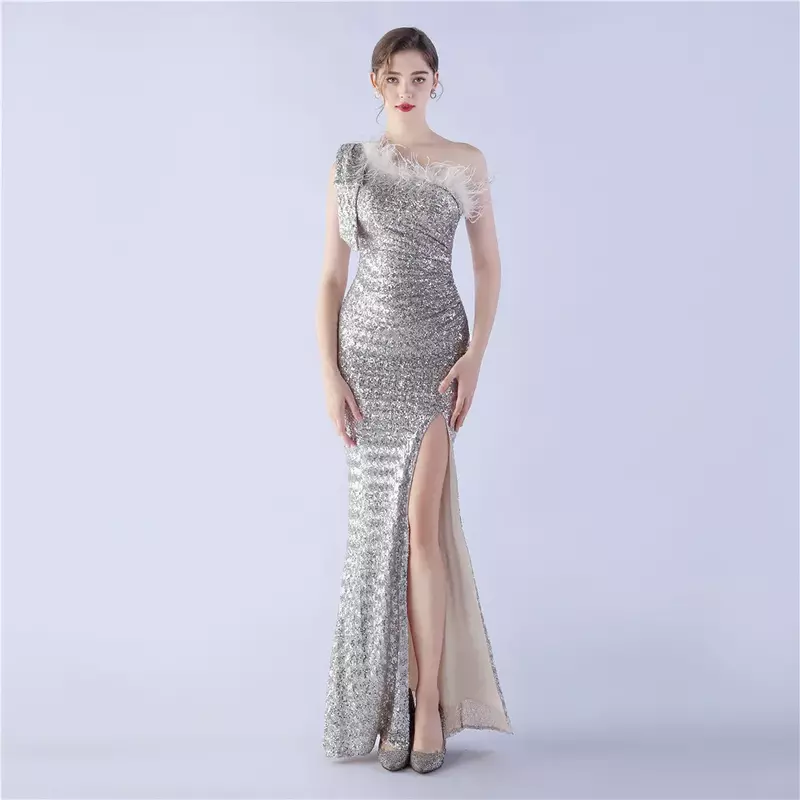 Sladuo One Shoulder With Feather Sequin Prom Dresses Sexy High Slit Long Mermaid Formal Evening Party Gowns