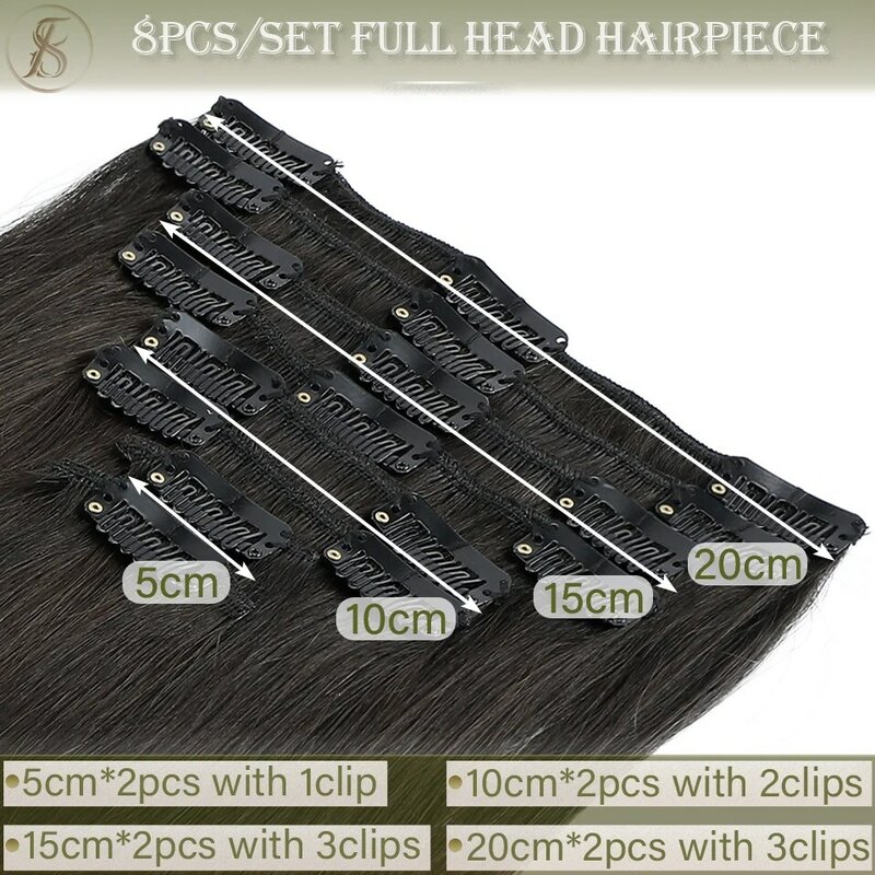 TESS 50-80g naturalne dopinki włosów klip w doczepy z ludzkich włosów prosto 8 sztuk/zestaw na całą głowę cienkie wyróżnienie spinki do włosów Hairpiece
