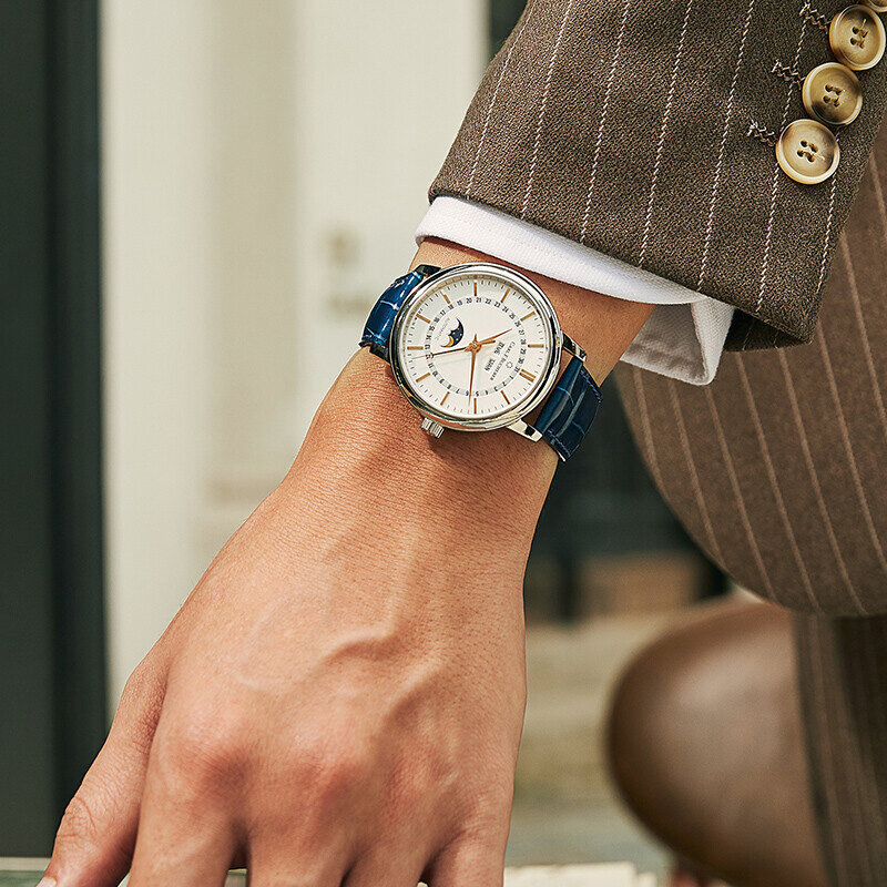 Carl f. ブヘラ男性提督フルカレンダームーンフェイズアリゲーターレザーストラップ機械式メンズ腕時計自動腕時計