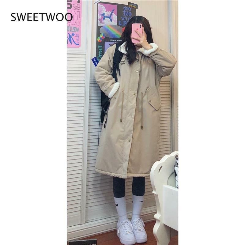 Women Winter Lamb Wool Coat Fur Collar Long-Sleeved Long Section Over The Knee Loose Casual Solid Color Fashion Coat Slim Tide