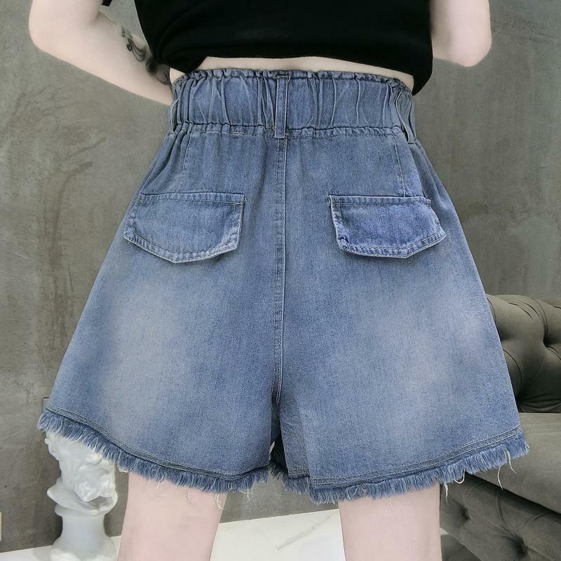 2024 celana pendek DENIM คลาสสิกกางเกงยีนส์ทรงตรงเอวสูงผ้ายืดสีฟ้าสำหรับผู้หญิงกางเกงขาม้าลำลองทรงหลวมลายความรักฤดูร้อน