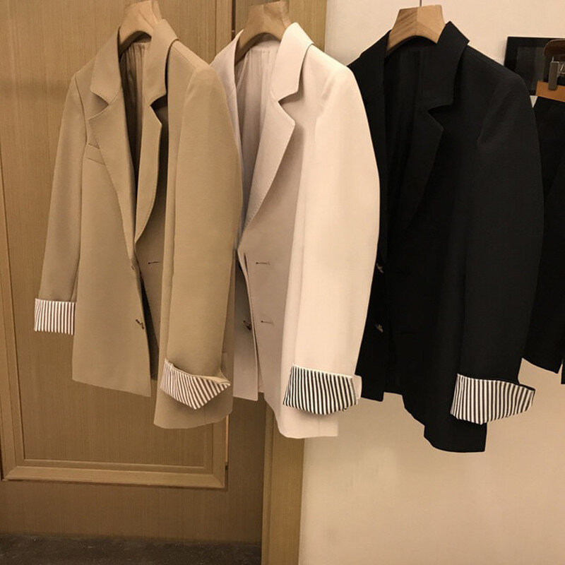 Khaki Blazer Frauen Herbst Mode Grundlegende Outwear Einreiher Feste Beiläufige Täglichen Anzüge Koreanischen Stil Femme Büro Dame Tops
