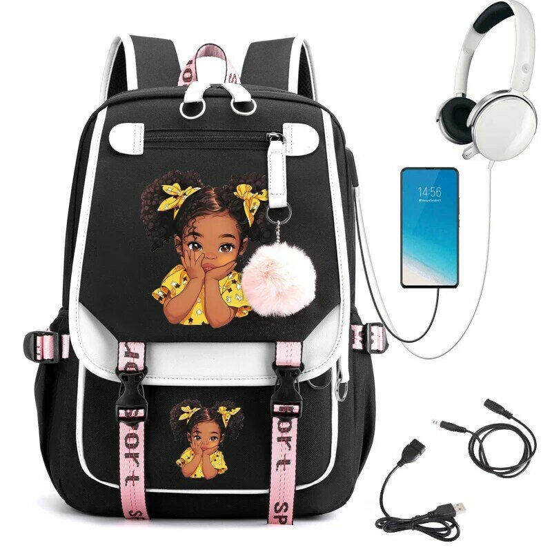 Mochila impressão menina preto Multicolor, saco bonito da escola dos desenhos animados, para os adolescentes, bookbag, laptop