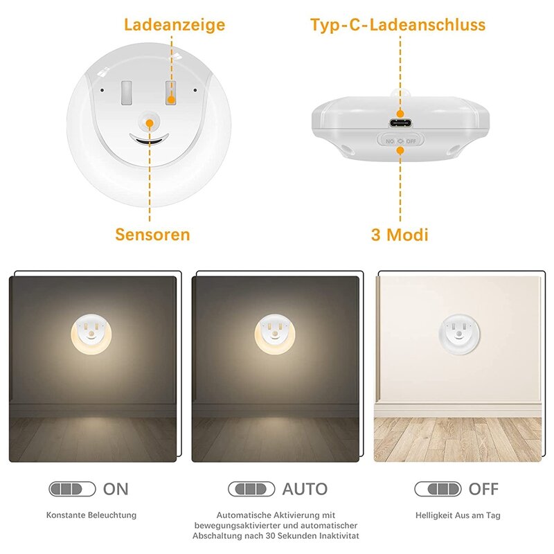 ไฟไฟ LED กลางคืนพร้อมเซ็นเซอร์ตรวจจับการเคลื่อนไหวชาร์จไฟได้ USB lampu tidur หน้ายิ้มมี3โหมดแสงไฟสำหรับห้องนอนแพ็ค2ชิ้น