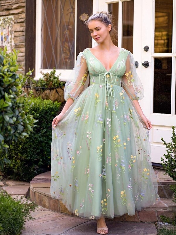 Vestido de baile bordado querido para mulheres, comprimento de chá em linha longa, tule verde, mangas folheadas, espartilho floral, vestidos de noite formais