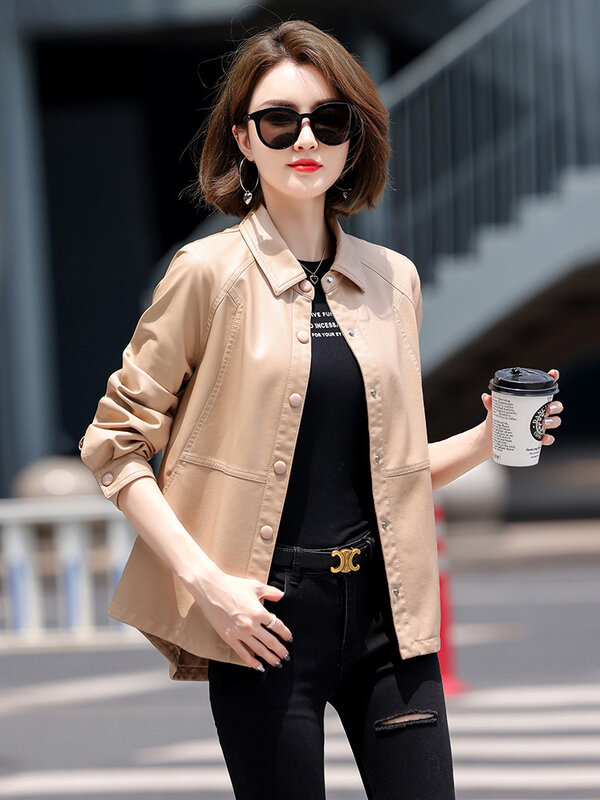 新しい 女性 シャツスタイル レザージャケット 春 秋 ファッション カジュアル 折り返しの襟 スプリットレザー トップスコート ゆるい アウターウェア