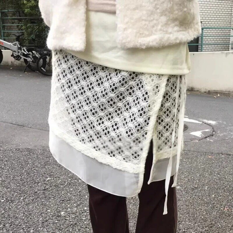 Deeptown koreański styl tiulu krótka spódniczka kobiety białe koronka w stylu Vintage spódnice eleganckie słodkie w stylu Retro, patchworkowa spódnica na co dzień Streetwear