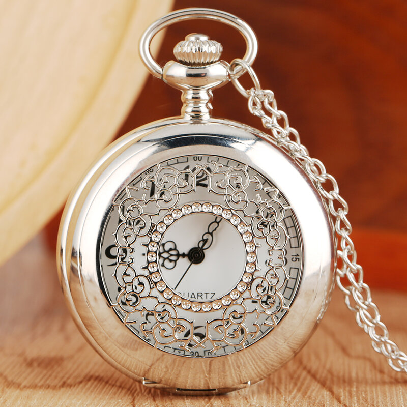 Relógio de bolso vintage oco para homens e mulheres, grelhas requintadas, presente retro elegante, colar de quartzo prateado relógio de bolso corrente