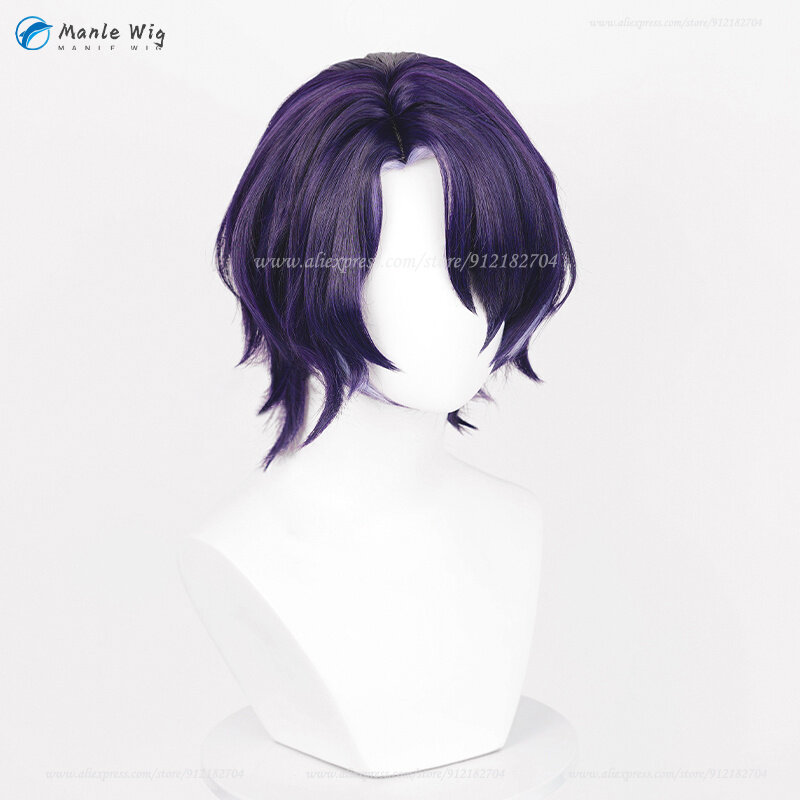 Wig Cosplay rasio 33cm Wig sintetis tahan panas rambut Cosplay Anime rasio Dr kulit kepala highlighting ungu pendek Wig Halloween
