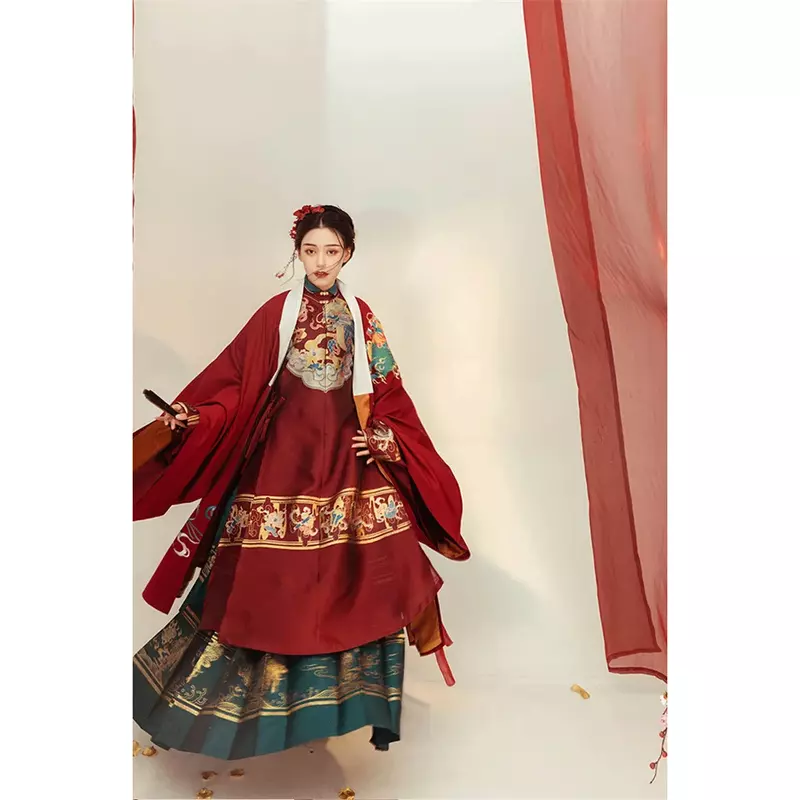YanShanTing Autumn Ancient Chinese Ming Dynasty Wedding Claret Round Neck Robe Dark Green Horse Face Skirt Christmas Costume Set