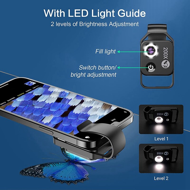 휴대폰 현미경 액세서리, CPL 렌즈, 휴대용 미니 디지털 현미경, LED 조명, 범용 클립, 200X