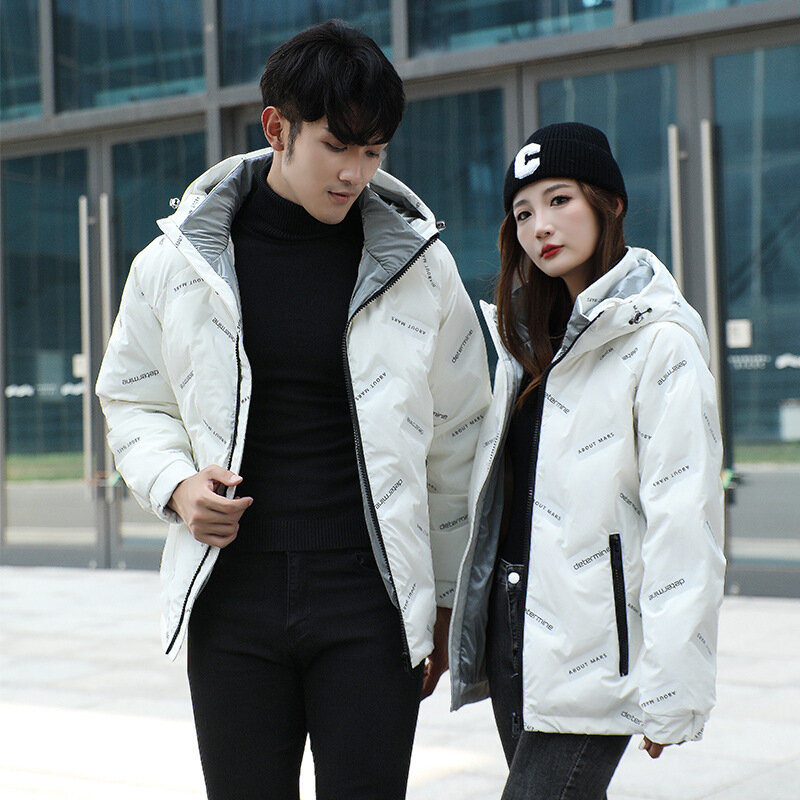 Jaqueta masculina e feminina com capuz, parka de algodão quente, casaco estampado com letras de casal, versátil, moda, inverno