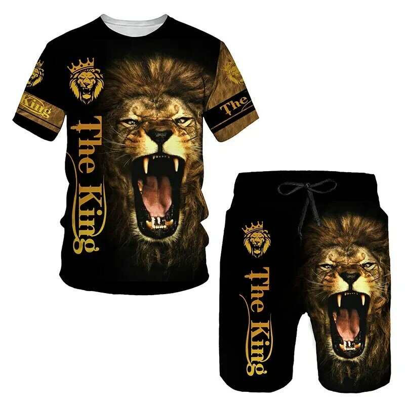 Camiseta de manga curta com estampa de leão legal masculina e calças compridas, roupa esportiva, moletom casual, moda verão, 2 peças