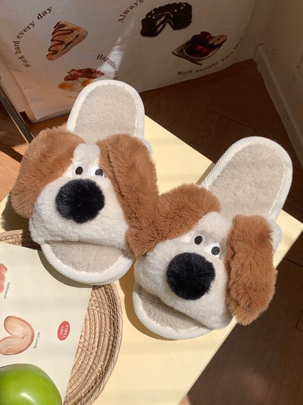 Cute Ins Hond Puppy Katoen Huis Slippers Voor Mannen En Vrouwen 2023 Herfst En Winter Indoor Cartoon Dier Pluche Slippers