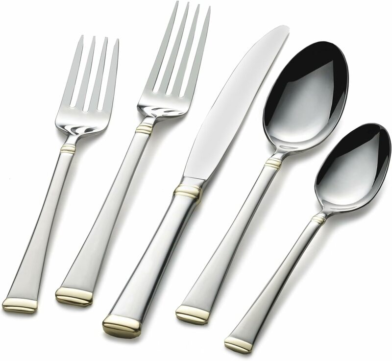 Mikasa Harmony Set sendok garpu Stainless Steel, perlengkapan Stainless Steel dengan layanan, servis untuk 12, aksen emas 65 buah