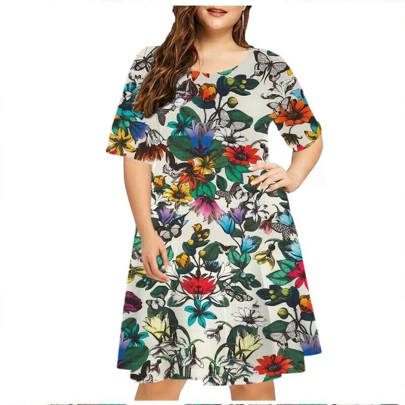Gaun wanita ukuran besar 6XL, gaun musim panas ukuran besar Motif bunga tanaman, gaun wanita lengan pendek kasual leher-o, gaun Mini Sundress wanita