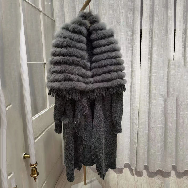 Abrigo de piel de zorro de talla grande para mujer, abrigo holgado de punto de manga larga, abrigos de lana elegantes europeos para otoño