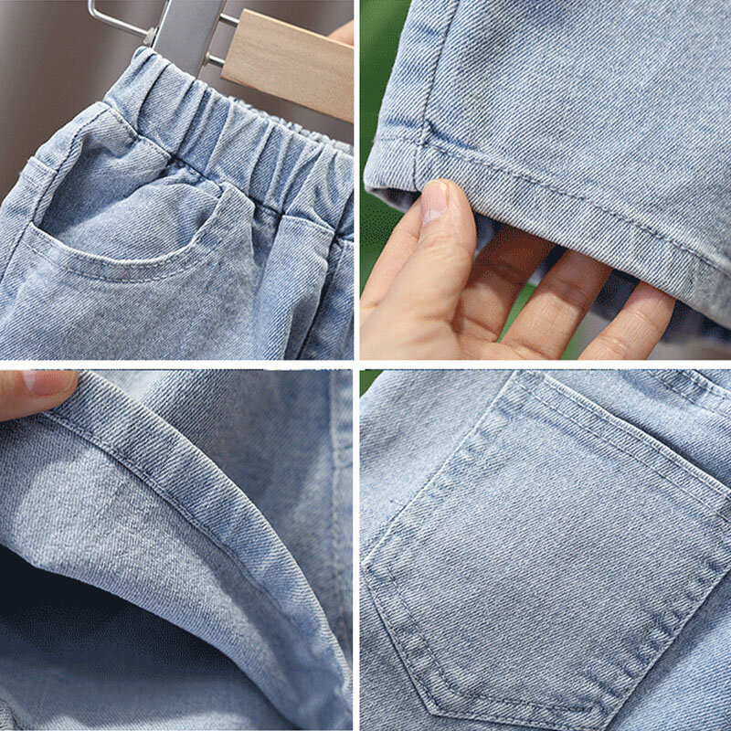 Sanrios dziecięce spodenki z krótkim rękawem dwuczęściowy zestaw Pochacco Boy Girl bawełniany t-shirt jeansowe spodenki letnie codzienne ubrania dziecięce