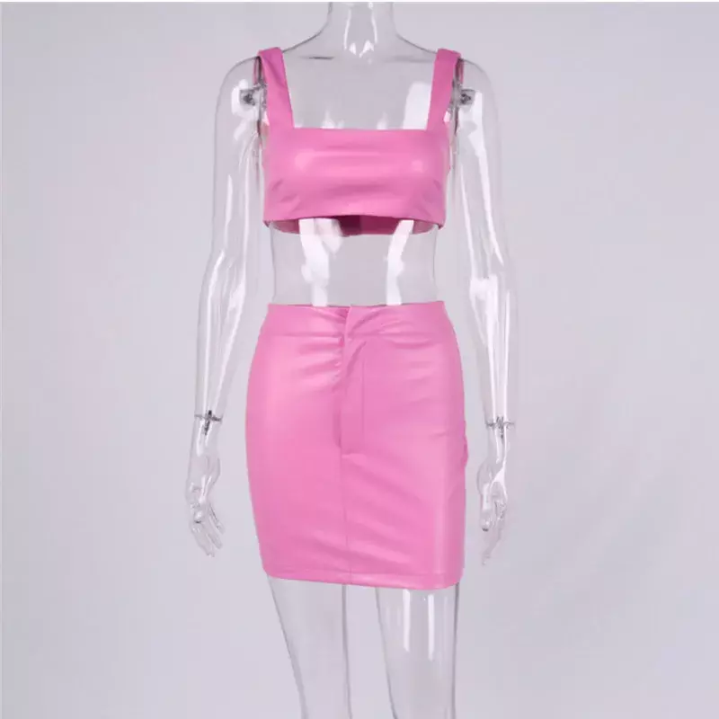 2021 Pakaian Rok PU Wanita Dua Potong Set Bra Atasan Crop Kulit Rok Mini Polos Pink Bodycon Skinny Seksi Pesta Baju Klub