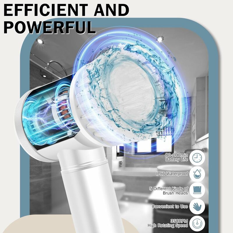 Akku-Elektro reinigungs bürsten wäscher Super Power Elektro-Spin-Reiniger und 5 austauschbare Dusch reinigungs bürsten köpfe Universal