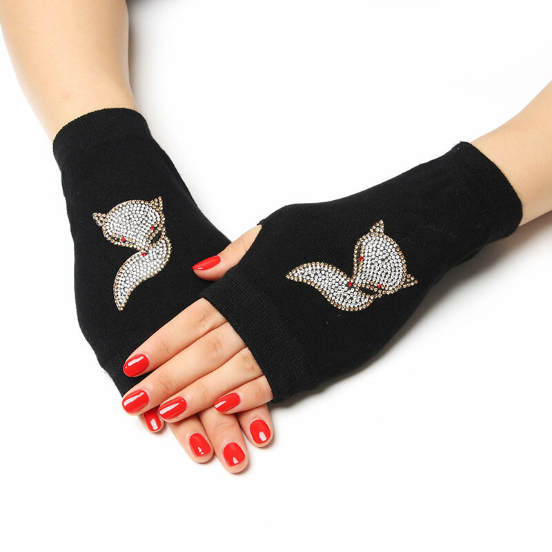 1 paio di guanti senza dita con strass simpatico cartone animato animali modello donna uomo nero lavorato a maglia mezze dita gotico guanti invernali caldi